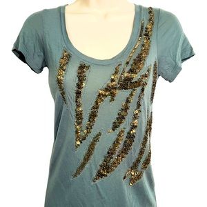 Vintage Juicy Couture Green Metal Sequin Bling Scoop Neck Short Sleeve T-Shit S
